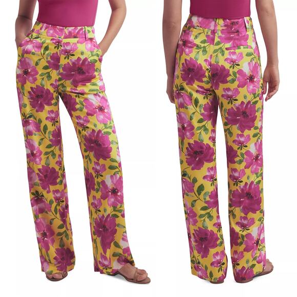NWT Favorite Daughter Fiona Floral Satin Wide Leg Pants Sz 10 Yellow Pink Floral - Picture 2 of 16